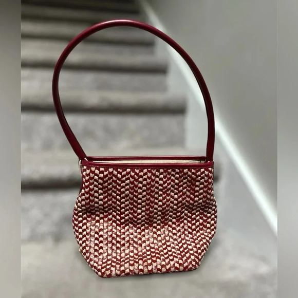 Francesco Biasia Italian Leather & Linen Basket Weave Bucket Bag Handbag Women - Picture 11 of 12